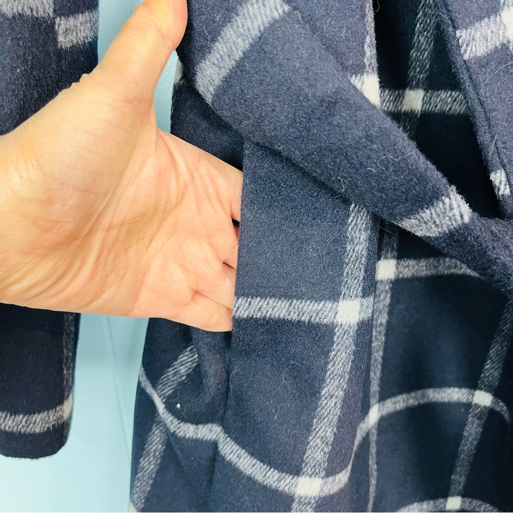 Ann Taylor Sz Medium Tall MT Window Pane Navy Blue Plaid Wrap Wool Long Coat - Picture 4 of 8